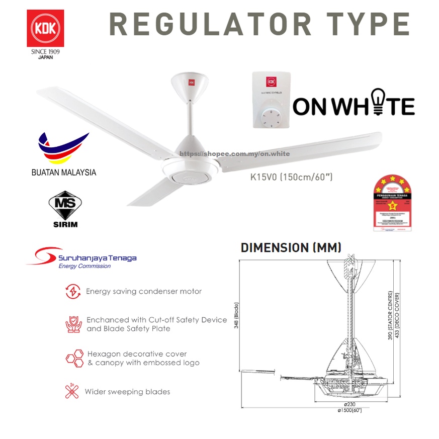 KDK K15VO CEILING FAN WITH KDK FAN REGULATOR 60" 3 METAL BLADE WHITE