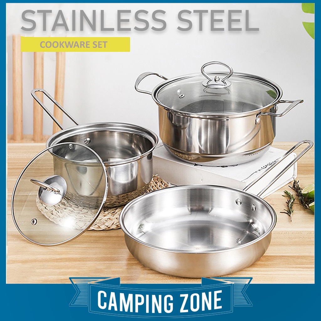 3 PCS Stainless Steel Cookware Set 18cm Milk Pot 22cm Soup Pot 24cm Fry