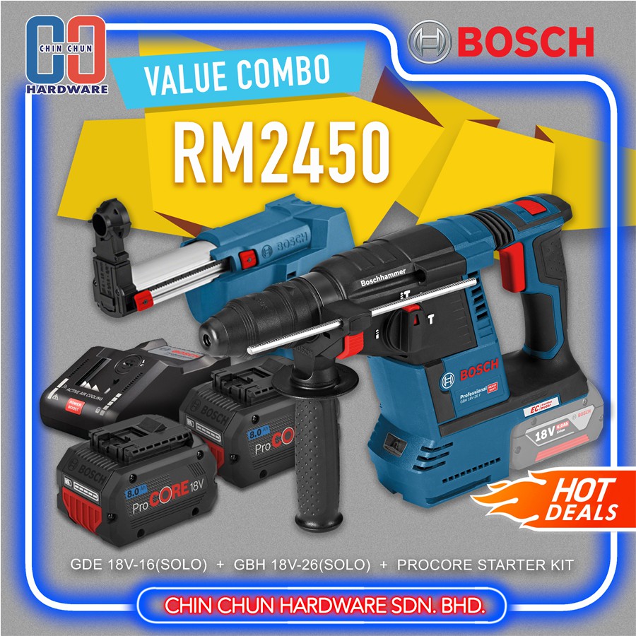 Value Combo Bosch Gbh 18v 26 Cordless Rotary Hammer Solo Gde 18v 16 Cordless Dust Extractor Solo Procore Sta Shopee Malaysia