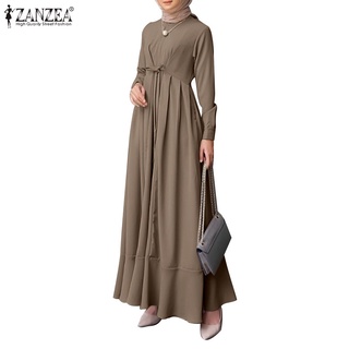 ZANZEA Women Vintage Casual Full Sleeve Crew Neck Lace-Up Muslim Maxi Dress