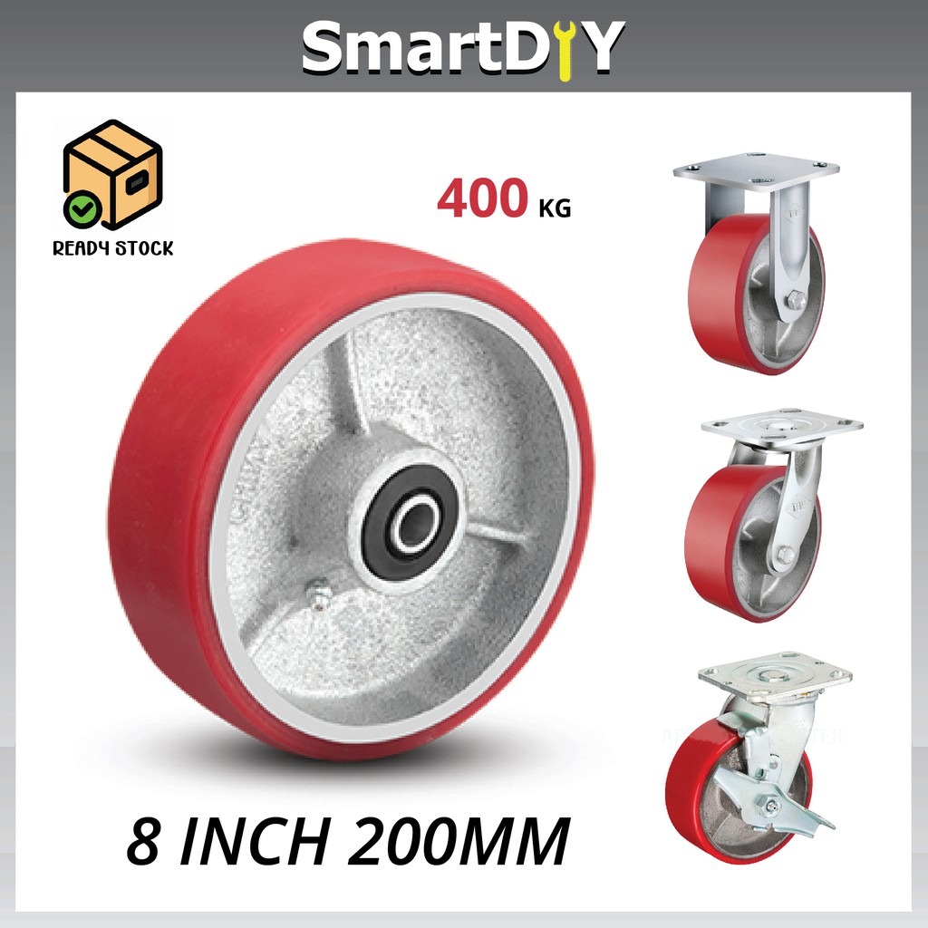 8 inch Heavy Duty Red PU Wheels Swivel / Rigid / Brake Swivel | Shopee ...