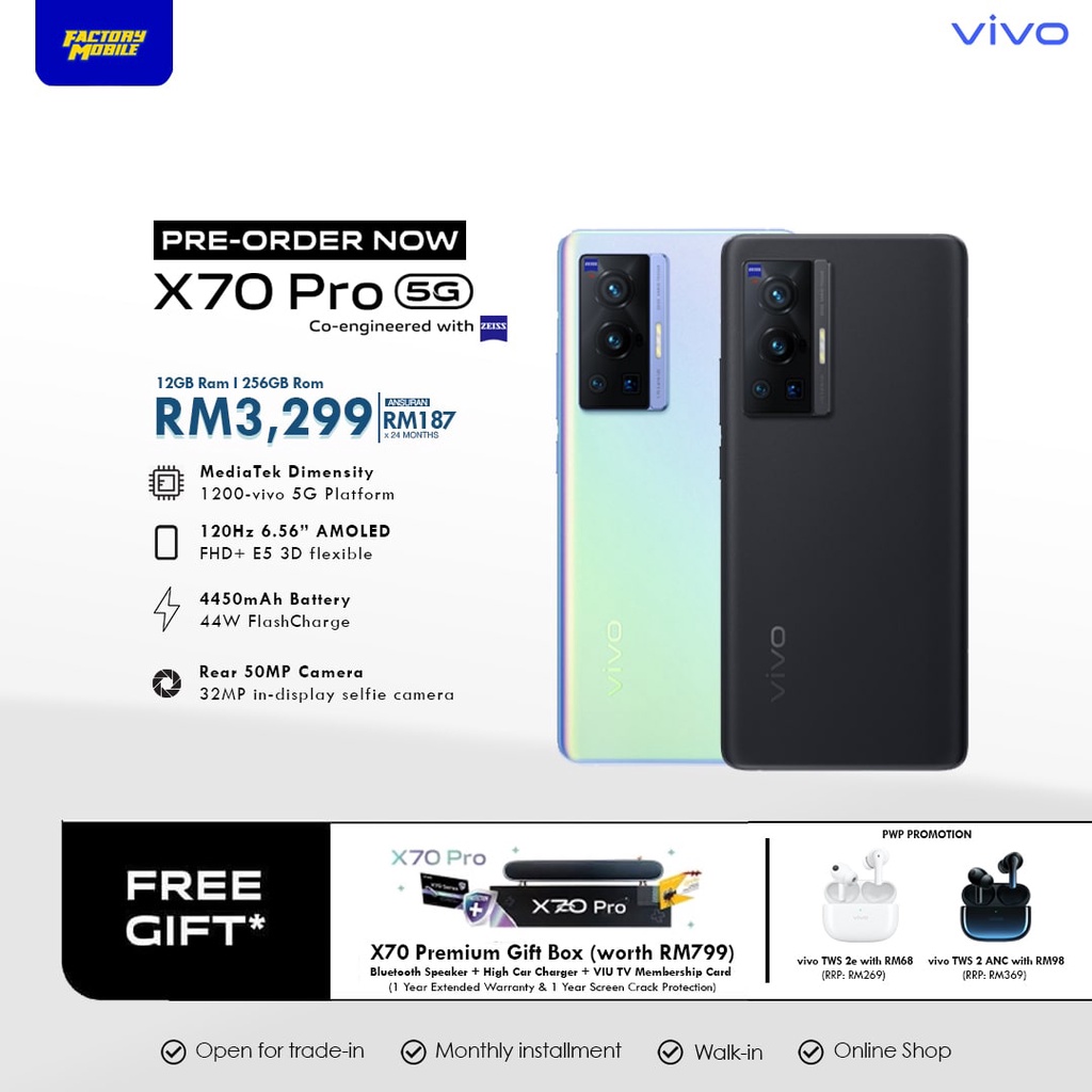 vivo X70 Pro 5G Free Gift X70 Premium Box Worth RM 799 12GB Ram 256GB Rom 4500mAh 44W 