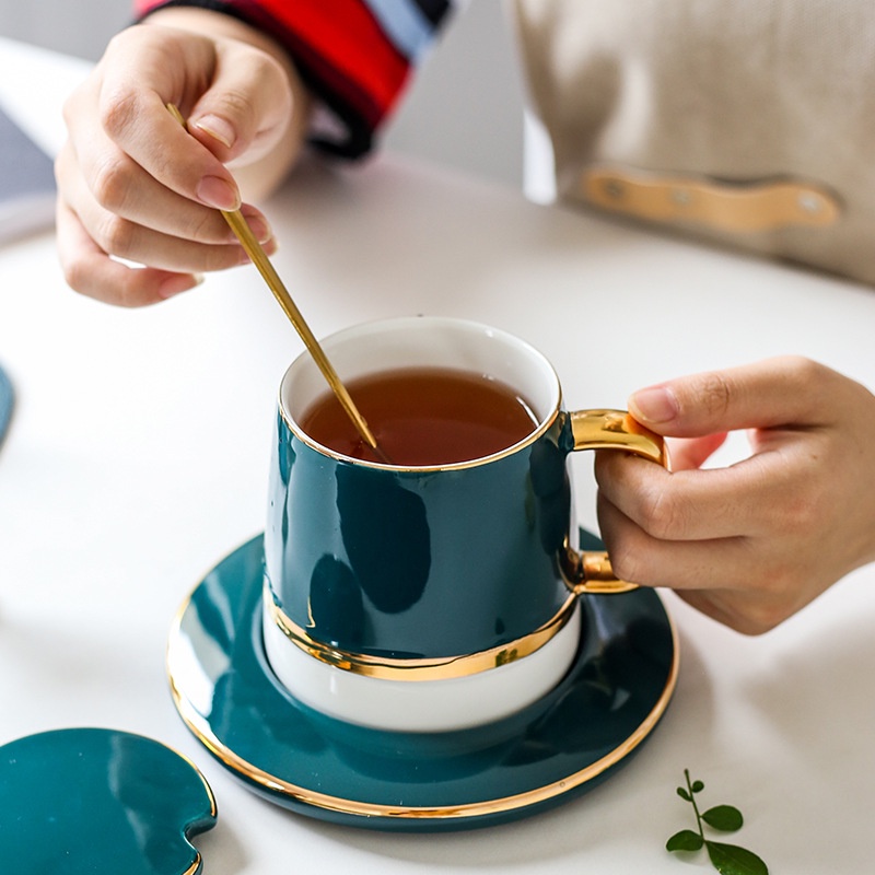 European style small luxury coffee cup set ceramic mug with lid spoon