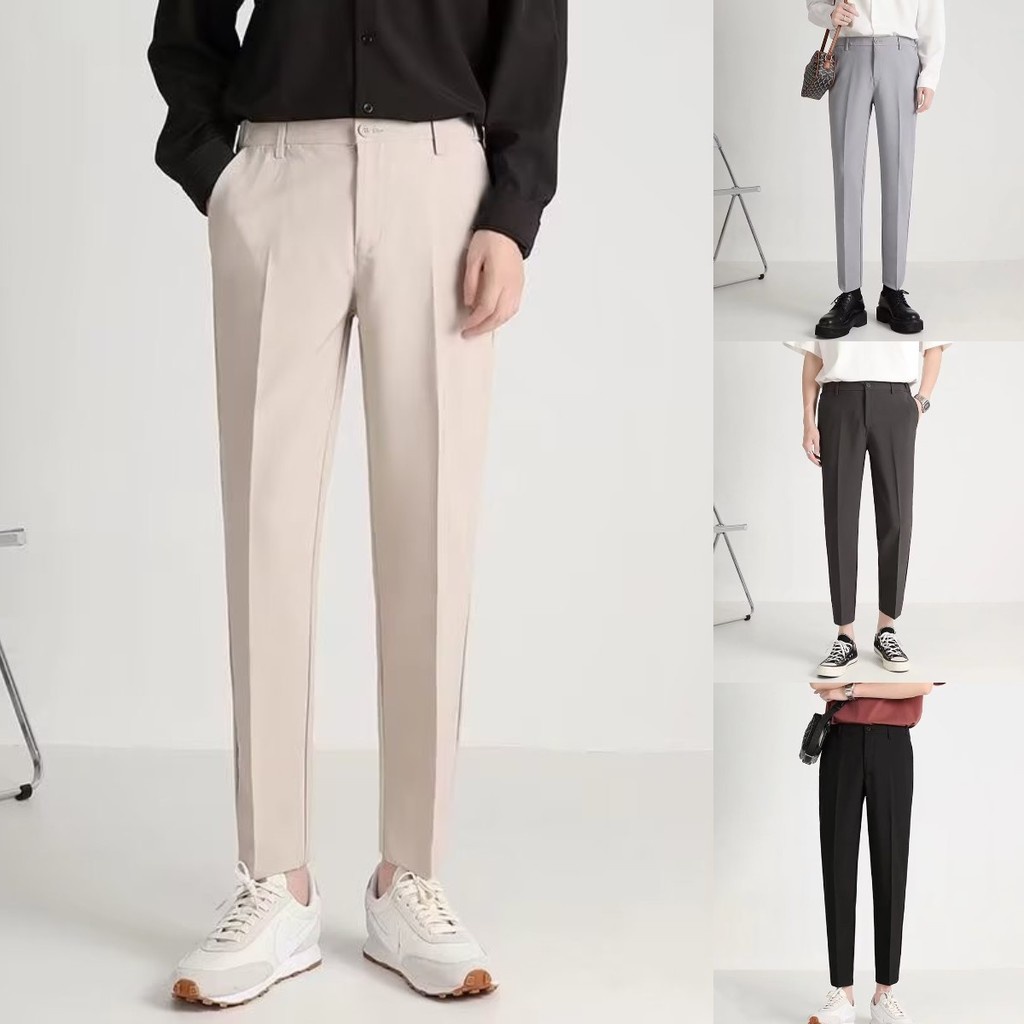 Korean Casual Slim Fit Long Cropped Khakis Suit Pants Men Seluar Slack ...