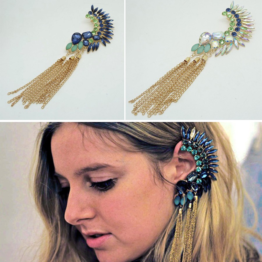 3 BLACK FEATHERS chain EAR CUFF crystal stud rhinestone gold pl earcuff earrings