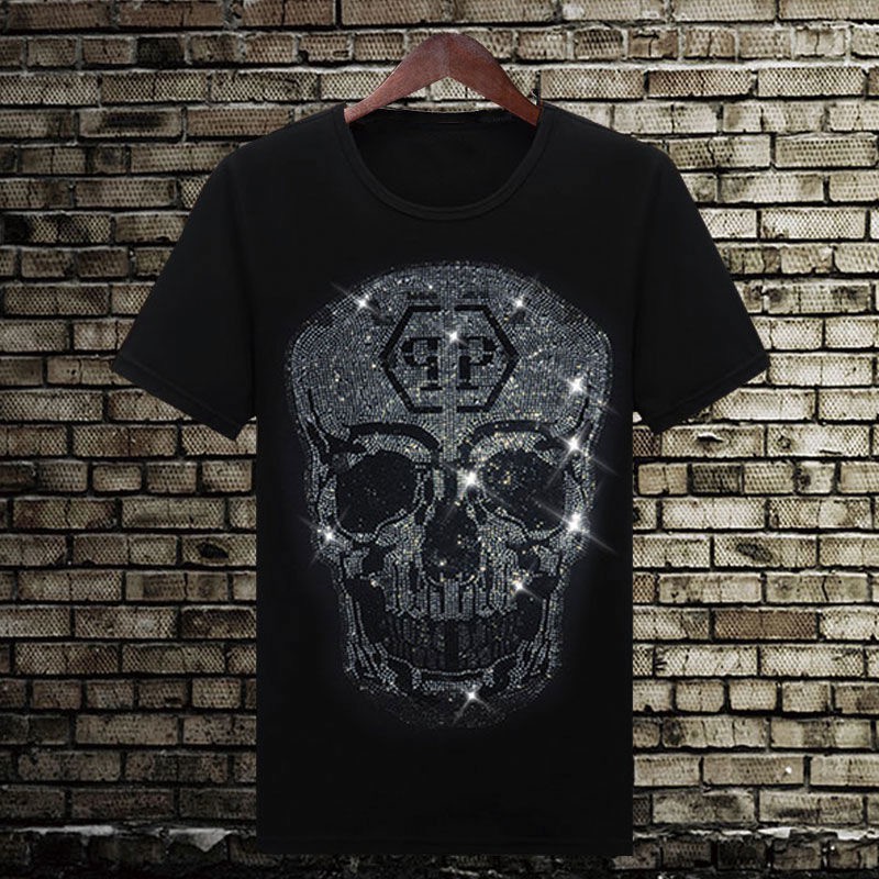 New Summer Mens skull  top tees Male T-shirt cotton fashion diamond bottoming shirt Rhinestone Designer man tee shirts Sell like hot cakes style