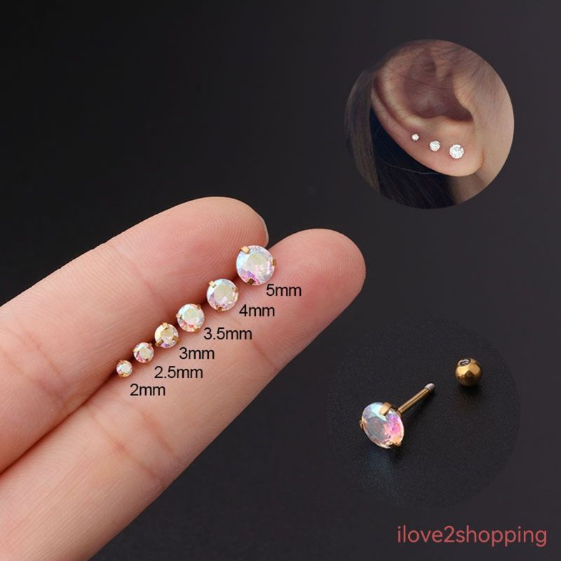 (H6) AB rainbow Titanium steel Korean round zircon gold plated anti-allergy SimpleAB彩色圆形锆石镀金细杆不锈钢拧球耳骨钉韩抗过敏