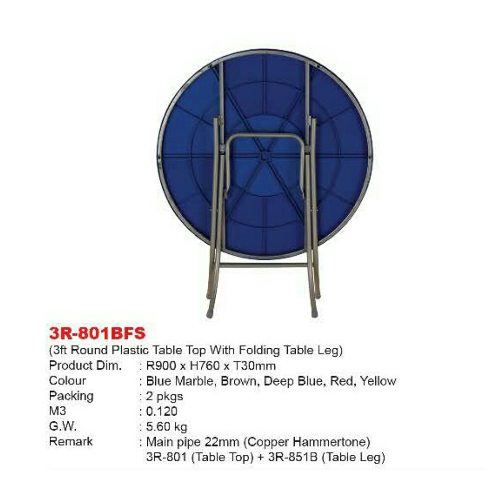 3R801BFSBM/RD 3FT Round Plastic Table Top with Folding Table Leg/Meja