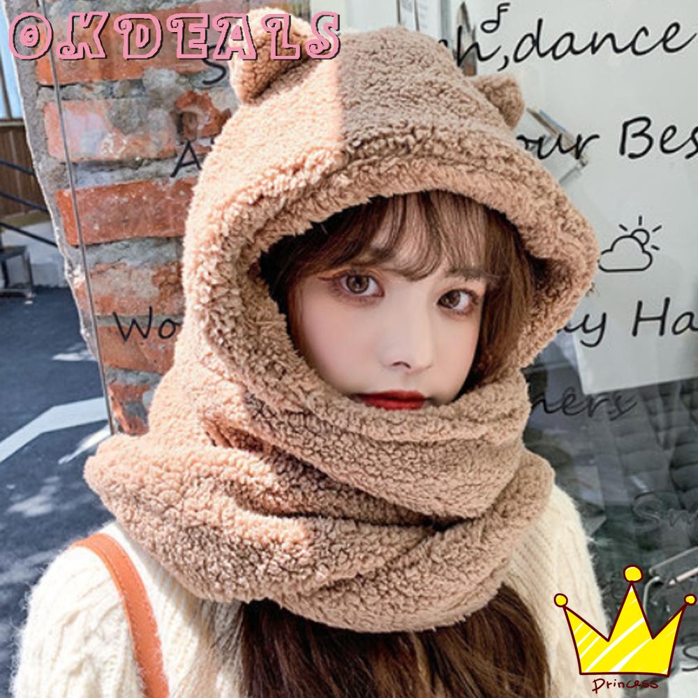 【Ready Stock】Fashion Beanies Caps Casual Women Scarf Set Cute Bear Winter Plush Warm Novelty Jennie Same Style Ear Hat