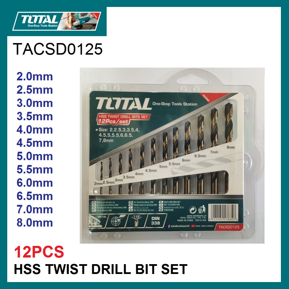 TOTAL 12PCS HSS Twist Drill Bits Set TACSD0125 / Mata Drill Besi Dan ...