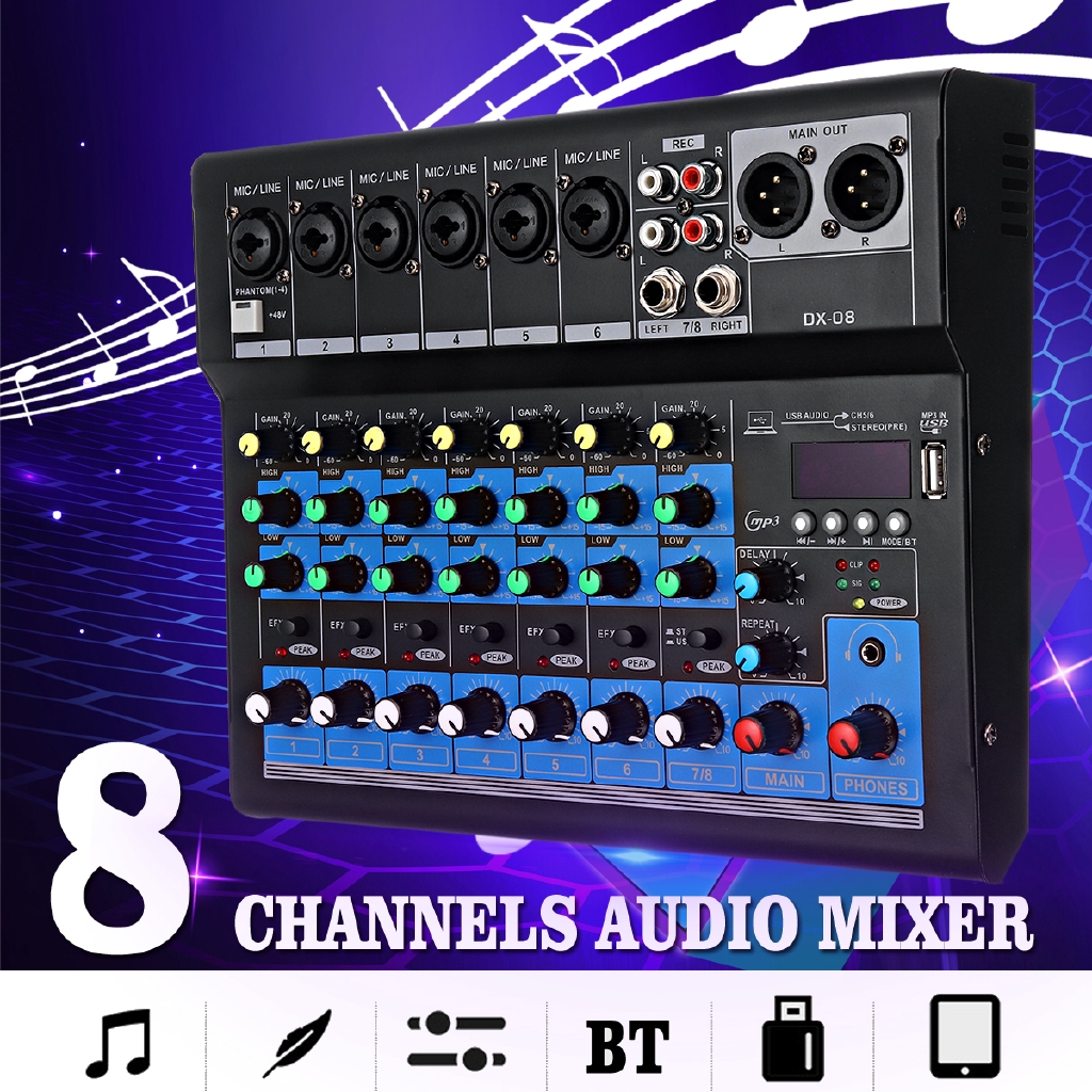 8 Channel Portable Audio Mixer with Bluetooth USB DJ Sound Mixing