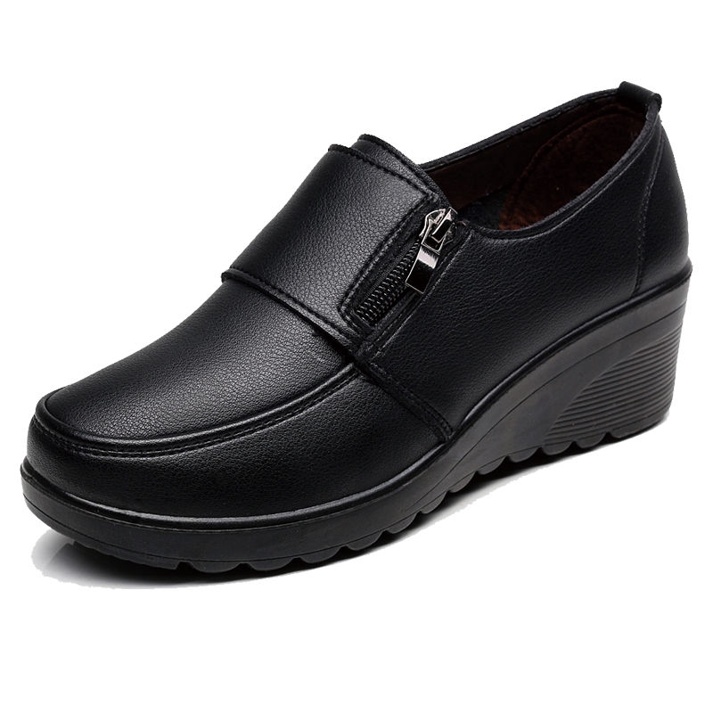 Women Middle Heel Single Shoe Leather Non Slip Slope Heel Black Work ...