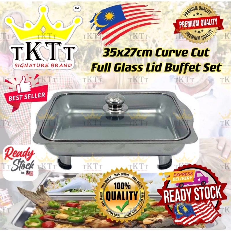 TKTT ™️ 35x27 Glass Lids Stainless Steel Buffet Set Catering Serving Tray Food Pan Warmer Bekas Lauk Katering Serbaguna