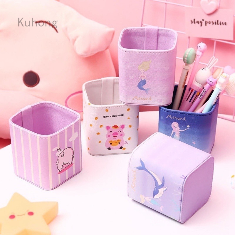 Kuhong 1 Pc Pink Square Leather Pen Holder Simple Desk Storage Box