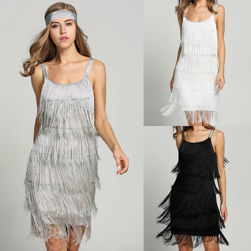 Women Straps Dress Tassels Glam Party Dress Gatsby Fringe Flapper Costume pleat Dress