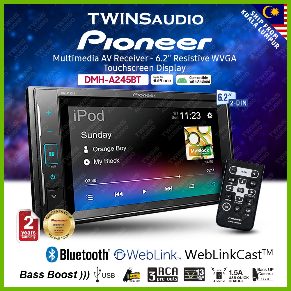 Pioneer DMHA245BT 6.2" Resistive WVGA Touchscreen Display Smartphone