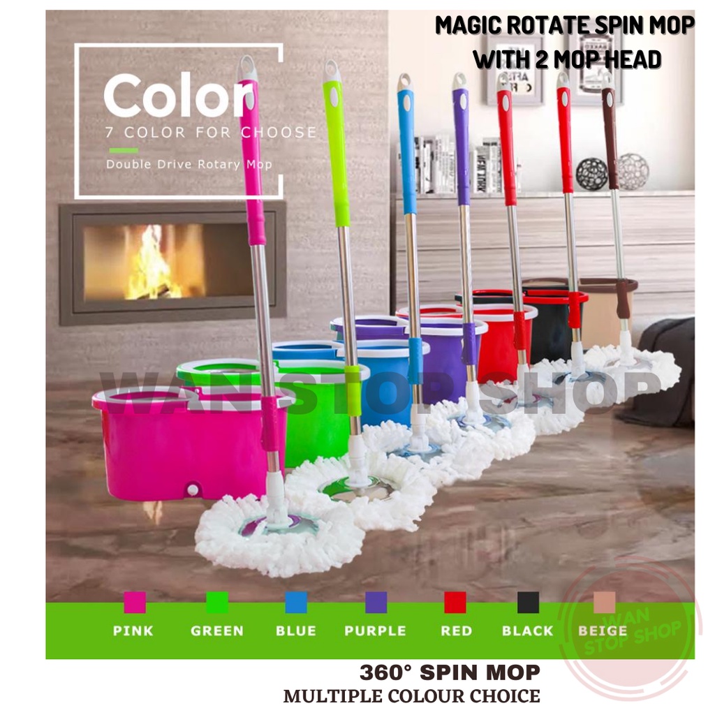 Easy Spin Mop with Wheels Include 2 Mop Head Mop Lantai Simple Easy Spin Mop with Stainless Steel Basket & Wheels
