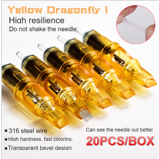 20pcs/box Yellow Dragonfly Disposable Permanent Tattoo Cosmetic Tattoo ink Cartridge For Liner &Shader