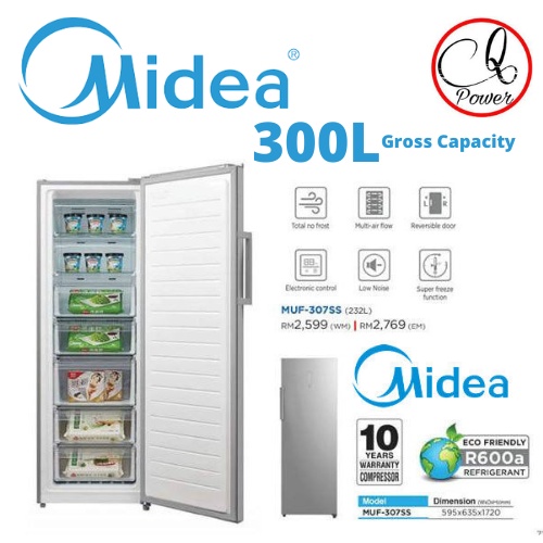 Midea GROSS 300L NET 232L Upright Freezer MUF307SS / MUF-307SS  Frost Free Fridge