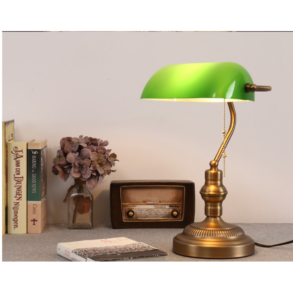 brass and green glass desk lamp