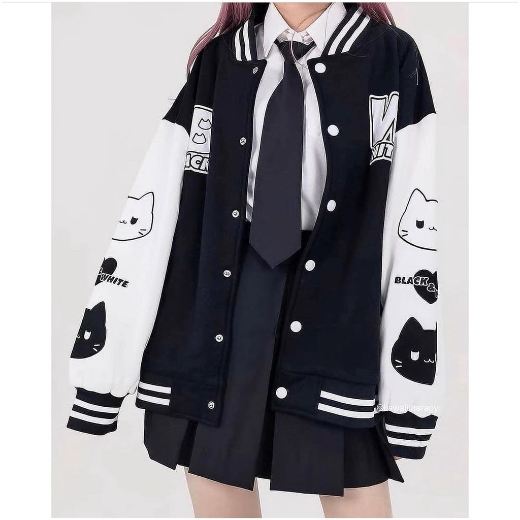 Baseball Jacket BLACK WHITE VARSITY OVERSIZE - BASEBALL Jacket OVERSIZE Women