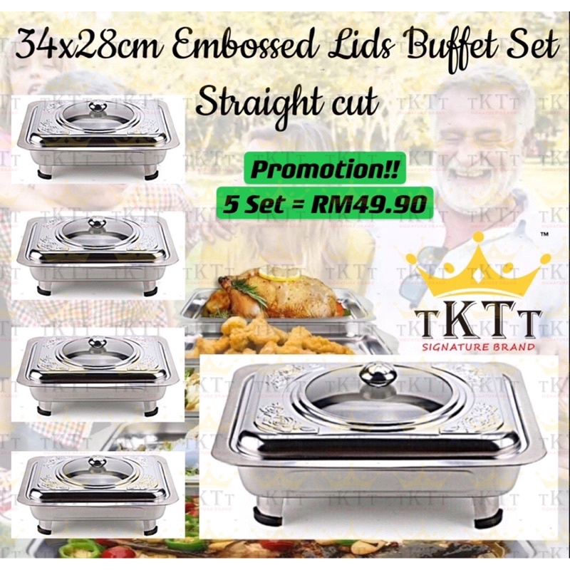 TKTT 5 Set 34x28 Embossed Stainless Steel Buffet Set Catering Serving Tray Food Pan Warmer Bekas Lauk Katering Serbaguna