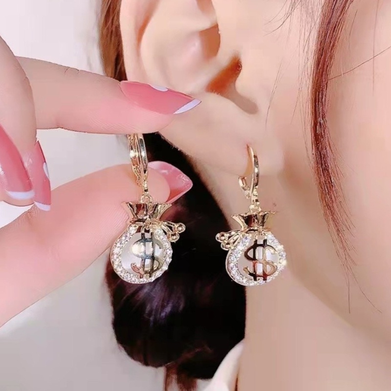 Round clasp glitter diamond lucky money bag earrings women's Korean ear accessories