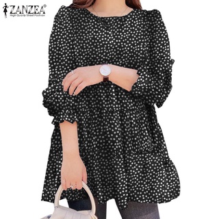 Image of ZANZEA Women Long Sleeve O-Neck Back Buttons Printing Spliced Pleated Loose Blouse