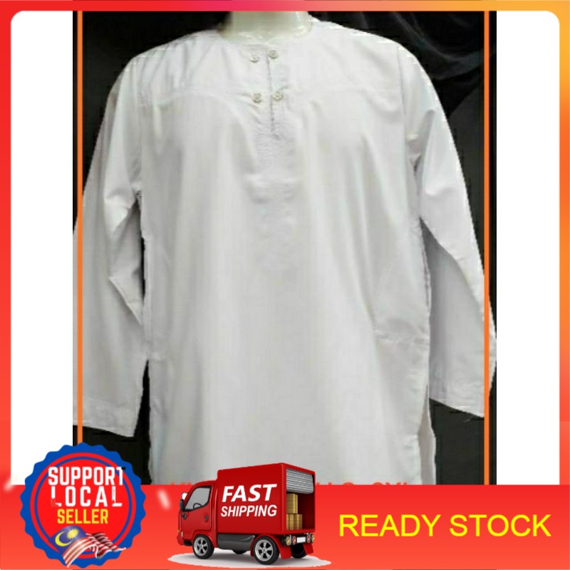 Kurta Putih Cotton Kurta Johor Kurta Umrah Haji Lelaki Oman Leher Bulat