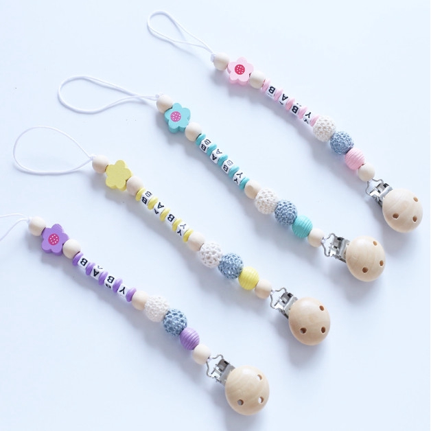 Personalised Baby Dummy Soother Wooden Clip Holder Strap Shower Christening Gift