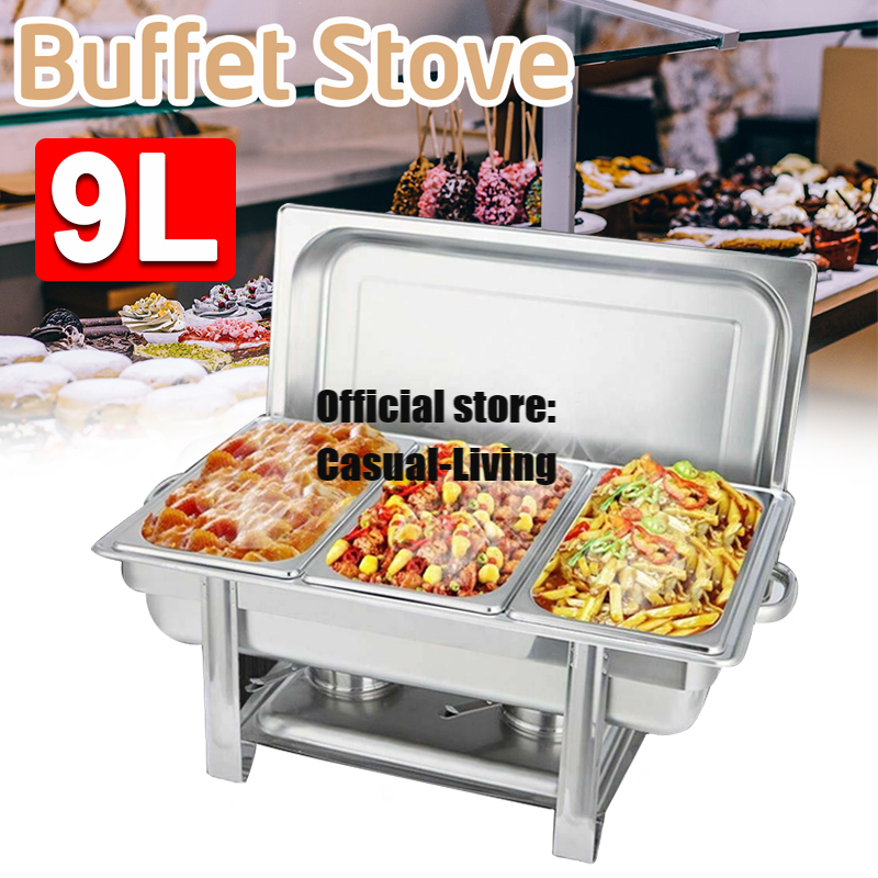 3 Plates 9L Foldable Stainless Steel Square Buffet Stove Dish Set Container Food Warmer Chafing Dish Full Buffet