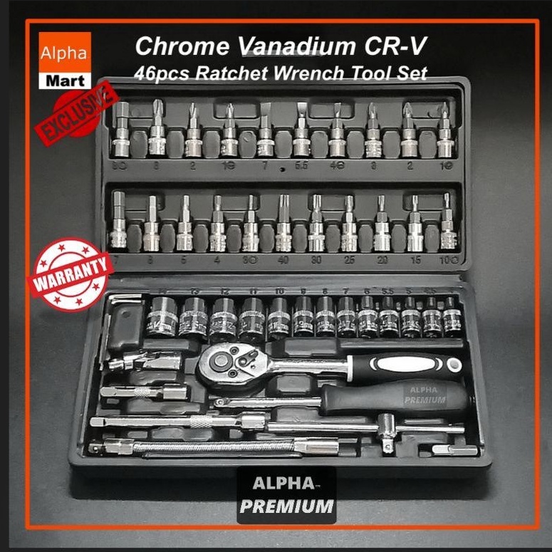 ALPHA PREMIUM 46pcs Wrench Set Spanner Socket Tool Set Premium Chrome Vanadium CR-V Exclusive BLACK DIY Car Fix Repair