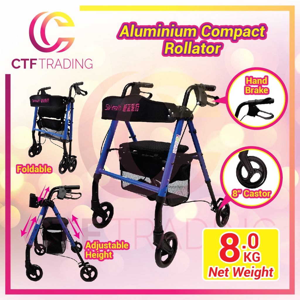 Aluminium Foldable Compact 4 Wheels Rollator Walker With Seat ( Blue / Orange / Red ) Tongkat