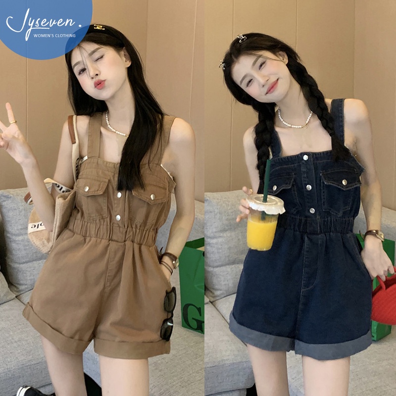 JYSeven.overall jeans women retro high waist denim jumpsuit korean style suspender pants casual crimping wide leg pants 韩版牛仔背带裤短褲女复古連身褲显瘦休闲卷边吊帶褲