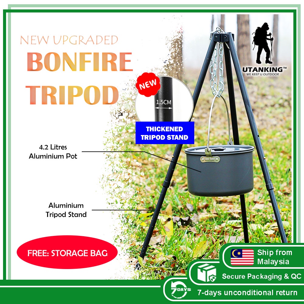 Aluminium Camping Cooking Pot Tripod 4.2L Hanging Kettle Outdoor Campfire Triangle Support