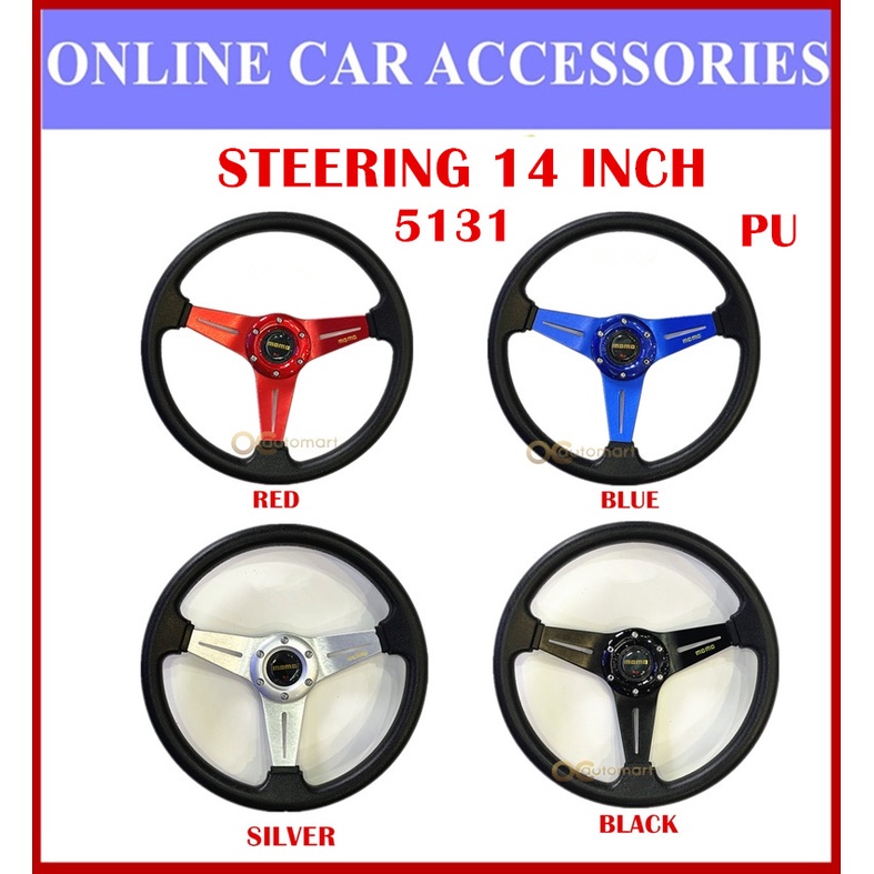 M O M O 14 Inch PU Steering Wheel Car Racing Sport Steering Wheel - Black Blue Red Silver