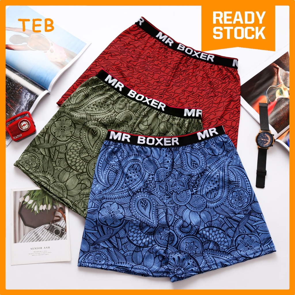 (M–4XL) MR Boxer Classic Printed Trunk Soft Stretch with Logo Waistband | Seluar Dalam Lelaki Corak Klasik