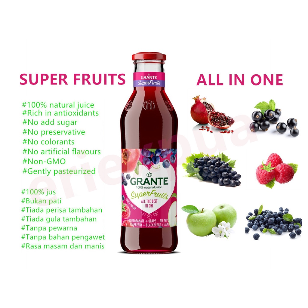''NEW FAVOUR''GRANTE 100% ORGANIC SUPER FRUIT Juice 750ML Pomegranate+Grapes+Apple+Raspberry+Blueberry+Acai