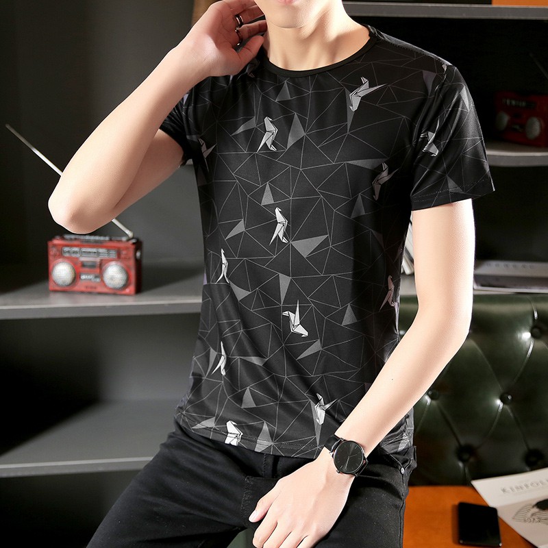 Baju Lelaki T Shirt Lelaki Tshirt Men Tee Ice Silk Pattern Stretch Round Neck Baju Lelaki T
