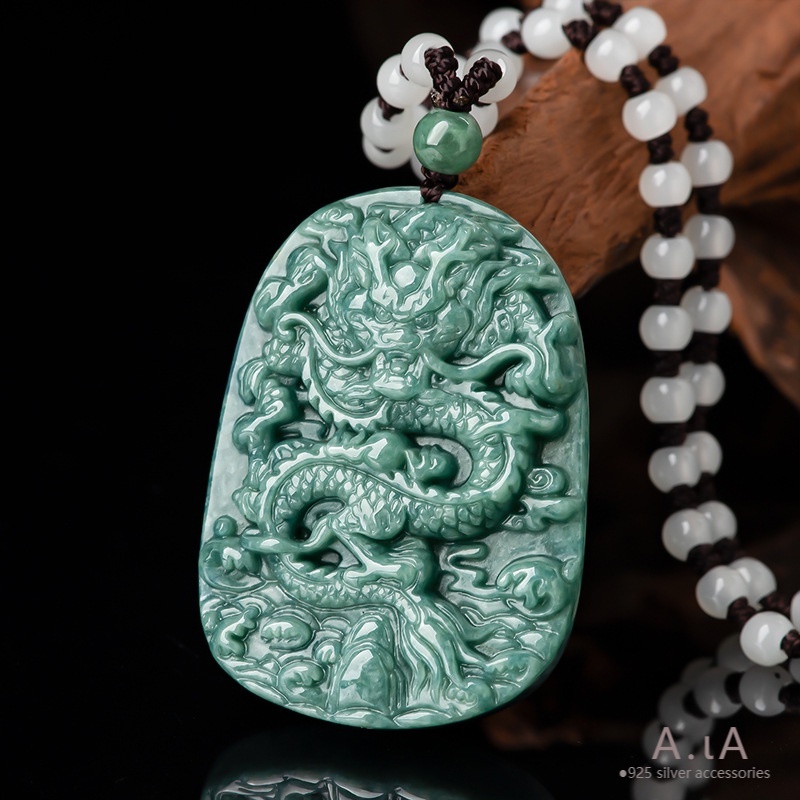 █Myanmar゜Natural Burmese a Goods Jade Bean Green Domineering Dragon Brand Pendant Ice Jewelry Men Necklace Women