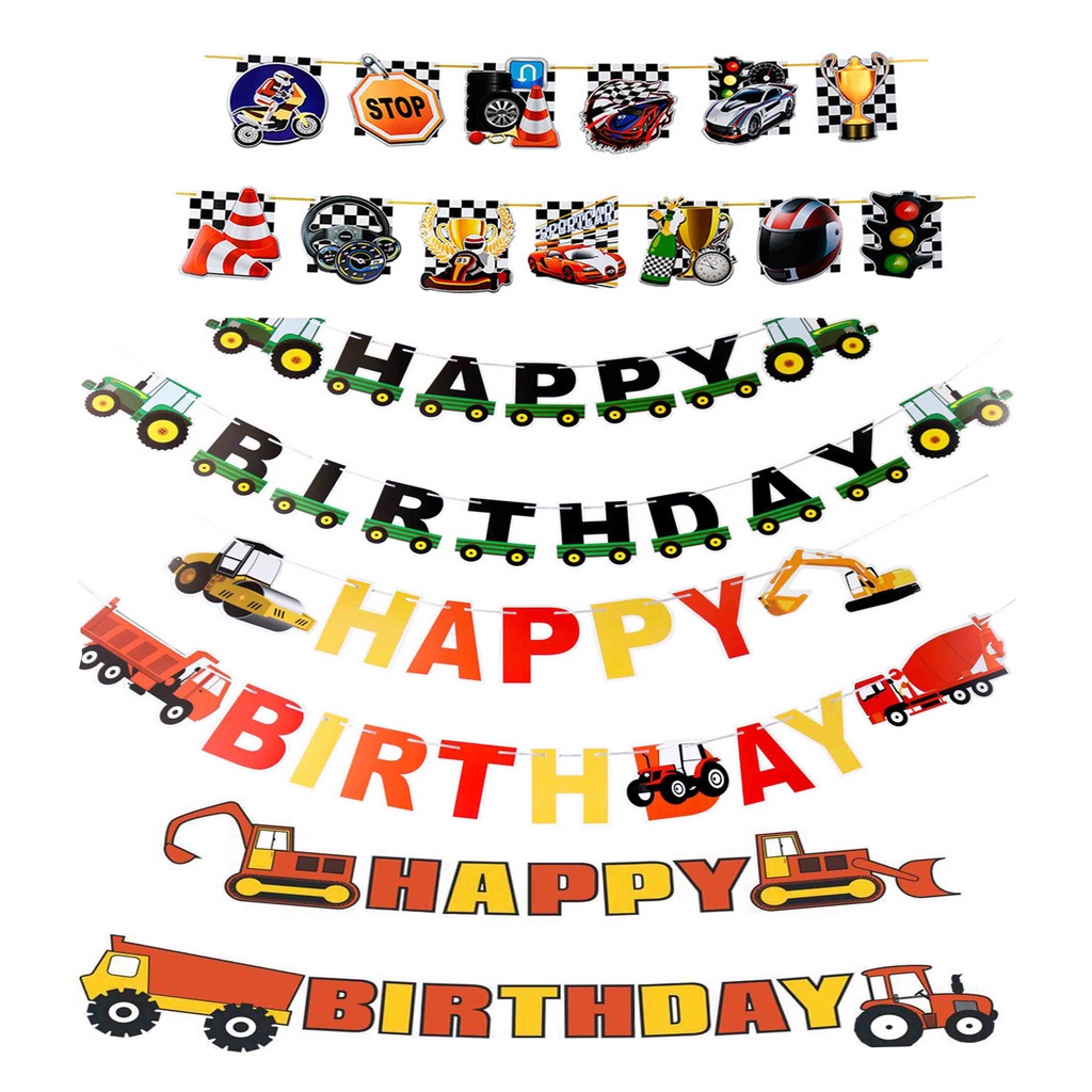 Party Decoration ISALES Racing Transportation Excavator Bus Truck Lorry Happy birthday Banner Flag