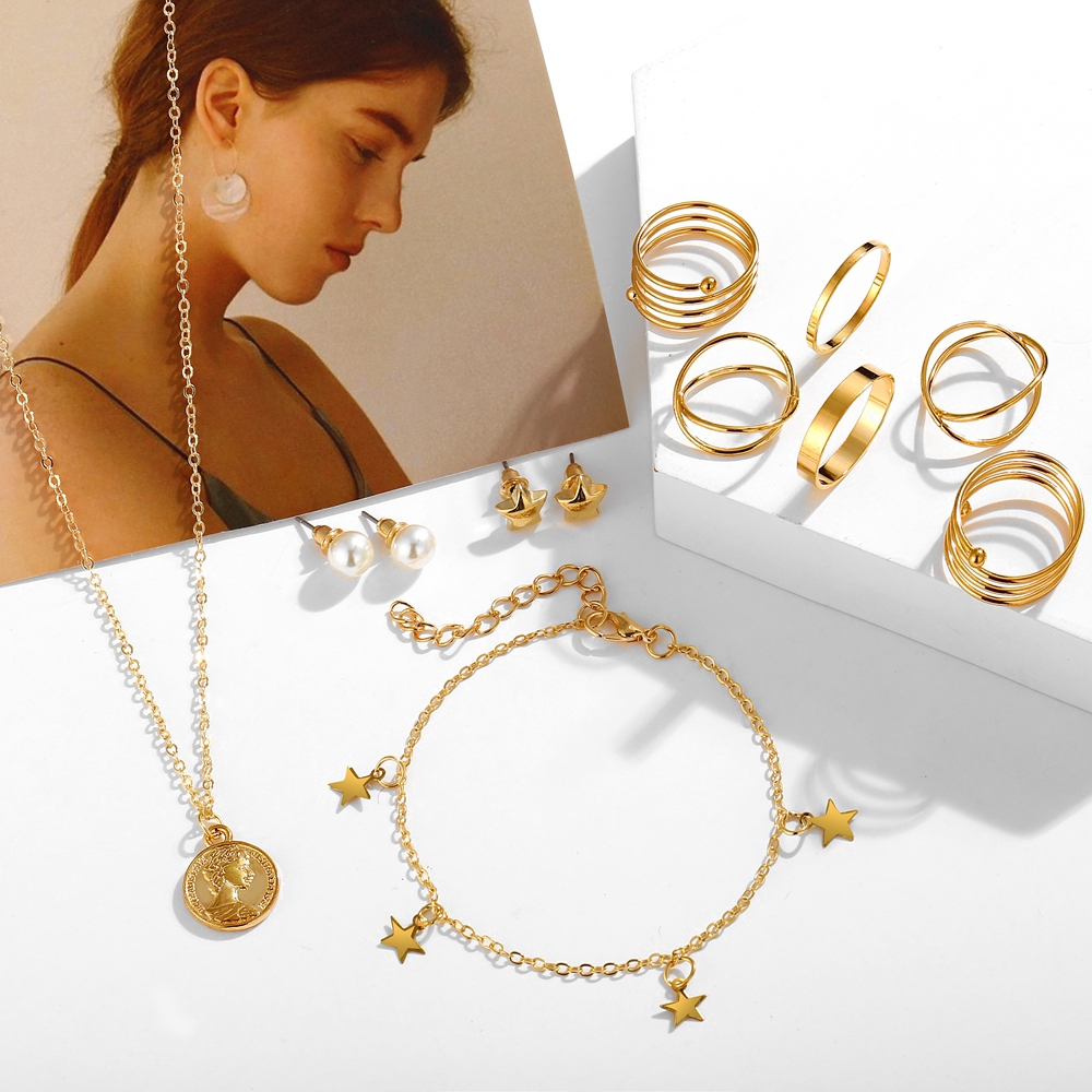 Bohemian Fashion Gold Necklace Ring Bracelet Earrings Jewelry Set ...