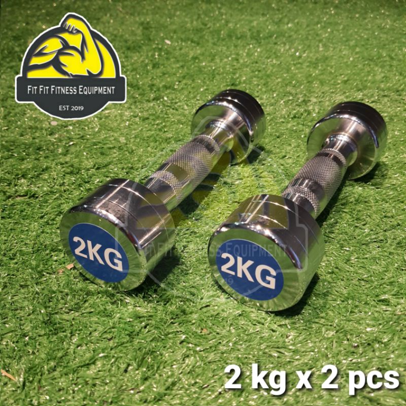 Ready Stocks  Dumbbell 2kg x 2pcs Fit Fit Fitness Metal Steel CHROME Round Fix Weight SOLID