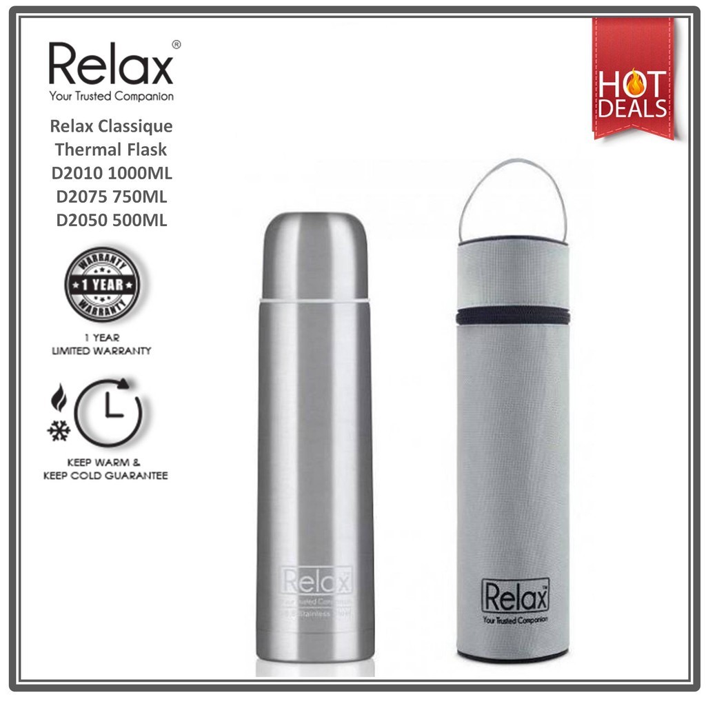RELAX CLASSIC STAINLESS STEEL THERMAL FLASK WITH FREE POUCH (D2010/D2075/D2050)