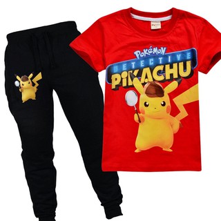 Kids Boys Pokemon Detective Pikachu Clothes T-shirt Black Trousers Set Tops 
