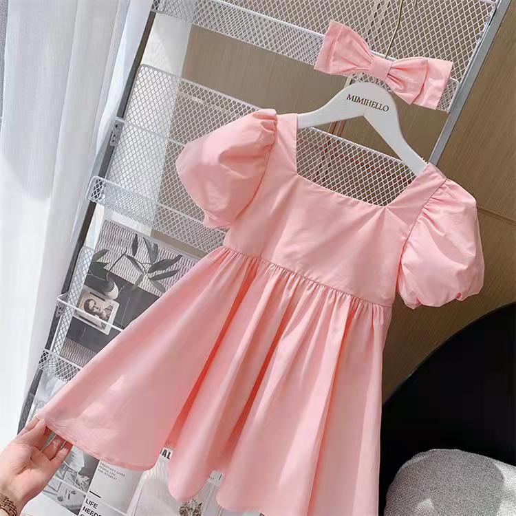 Baju Baby Girl Dress Kids Dress Puff Dress Toddler Baby 1-6 Years Old Cute Pink Color Puff Sleeve Dress Bow Headband