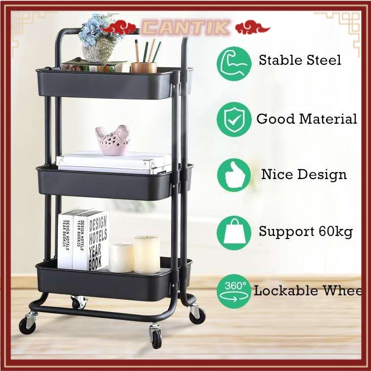 🔥FAST POS🔥3 Tier Multifunction Storage Trolley Rack Office Shelves Home Kitchen Rack With Wheel
