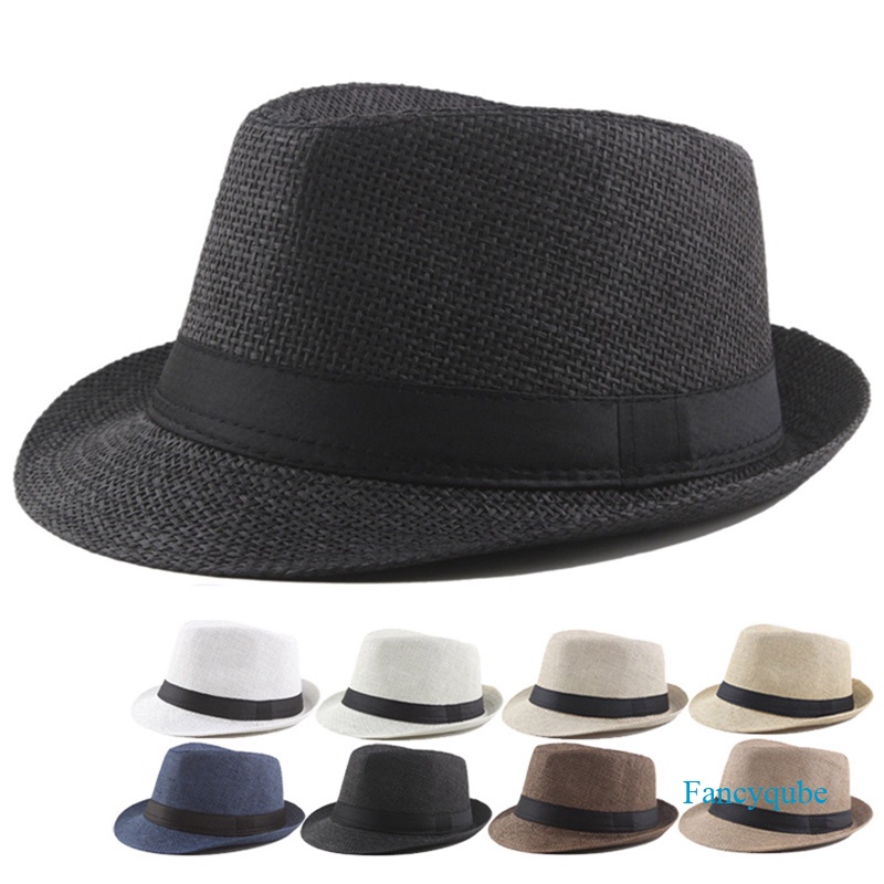 Men Women Straw Fedora Hat Trilby Cuban Sun Cap Panama Short Brim ...