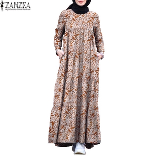 Image of ZANZEA Women Long Sleeve Vintage Printed Muslim Loose Maxi Dress