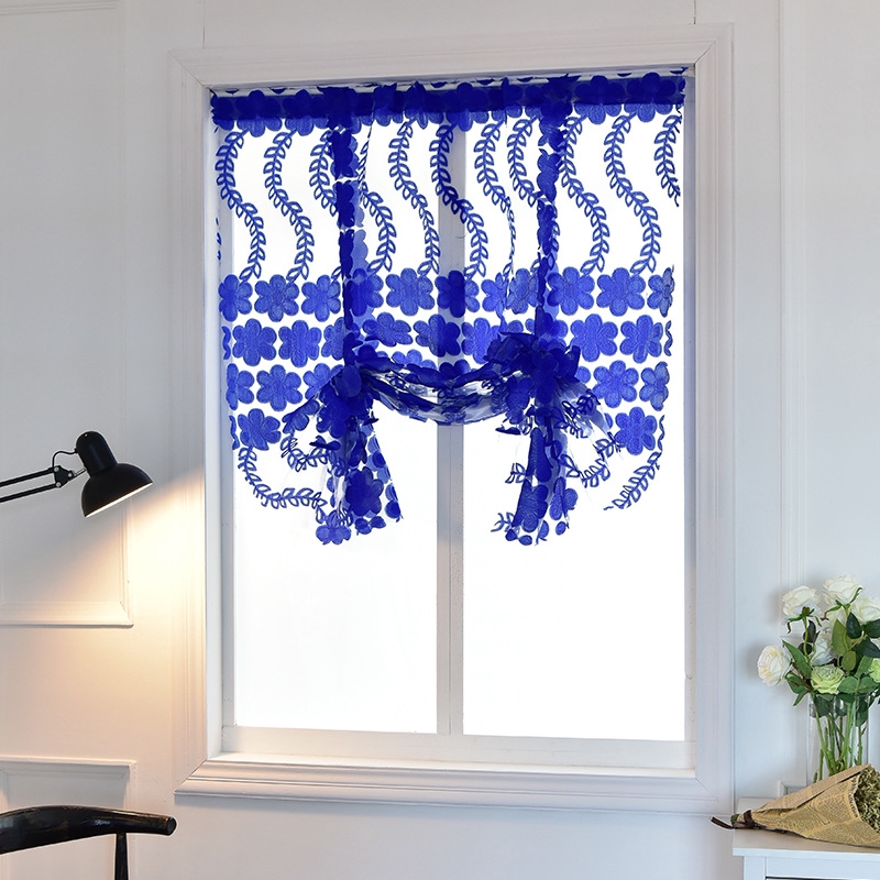 Embroidery Tie Up Window Curtains Voile Sheer Tab Top Curtains